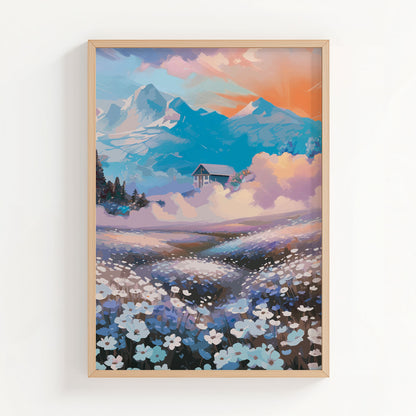 Dreamy landscape printable wall art featuring a field of soft blue and white wildflowers leading to a cottage nestled in the clouds, with majestic blue mountains and a glowing sunset sky in the background - perfect for fantasy, floral, or serene nature-inspired decor