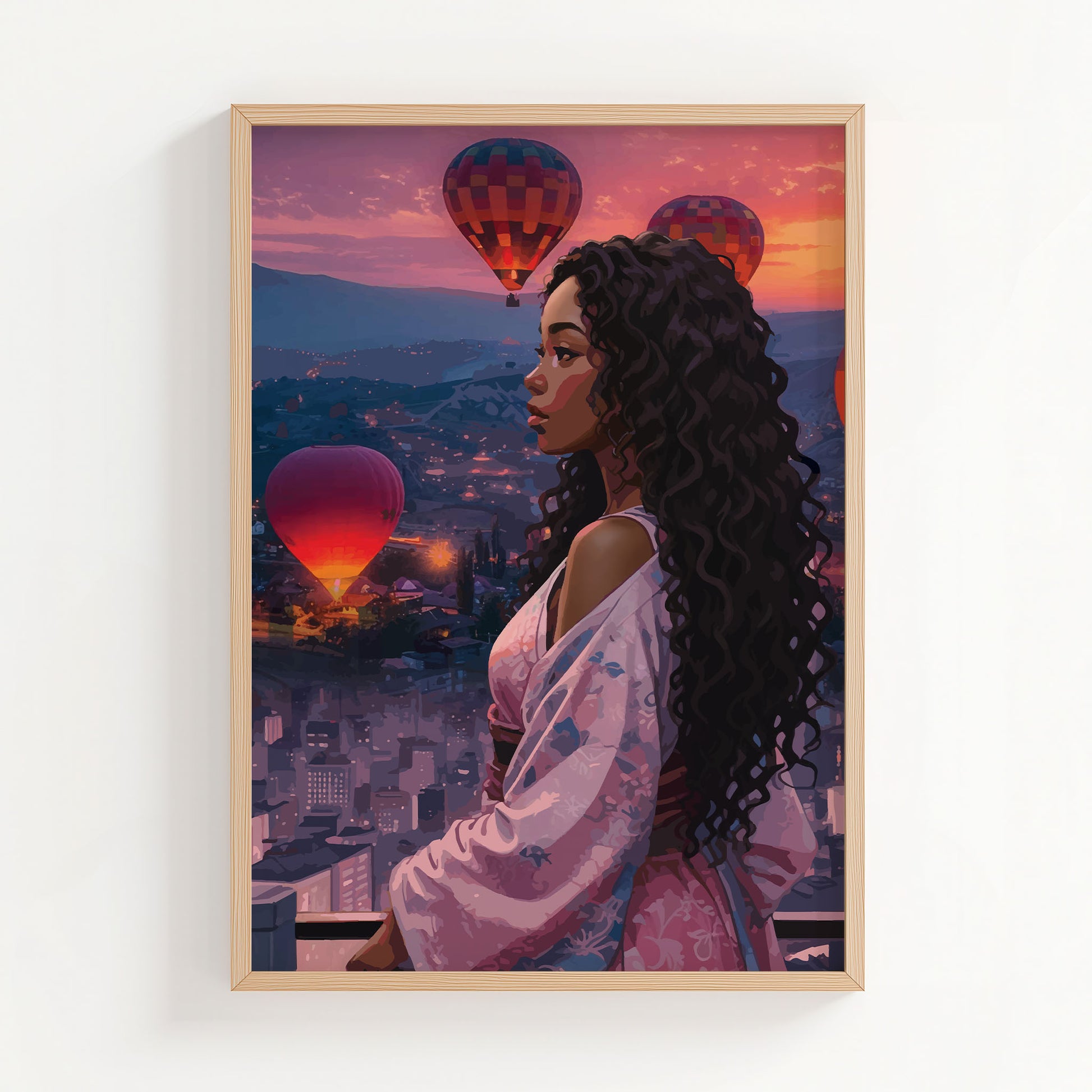 Woman overlooking city at sunset with hot air balloons in sky, dreamy travel aesthetic printable wall art digital download
