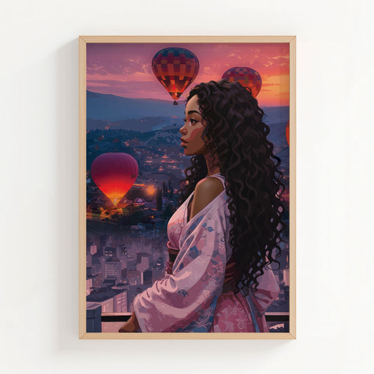 Woman overlooking city at sunset with hot air balloons in sky, dreamy travel aesthetic printable wall art digital download