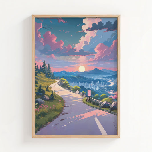 Scenic printable wall art featuring a winding mountain road at sunset, overlooking a serene cityscape with glowing skies, pine trees, and vibrant pink clouds - ideal for travel and nature-inspired home decor