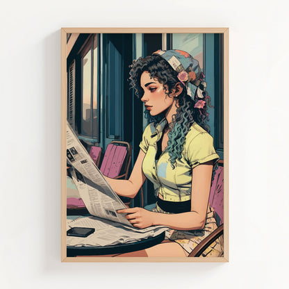 Printable wall art of a stylish young woman with curly hair and a floral headscarf, sitting at an outdoor café table reading a newspaper, in a vintage-inspired, artistic style, perfect for chic and modern home decor