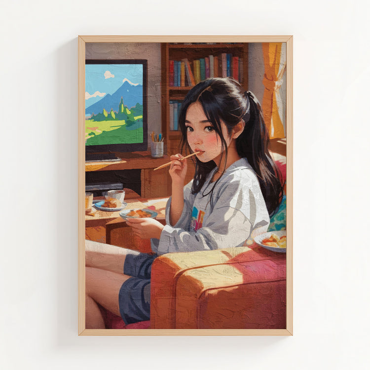 Cozy anime girl eating snacks in warm living room with TV and sunset light, cute aesthetic printable wall art digital download