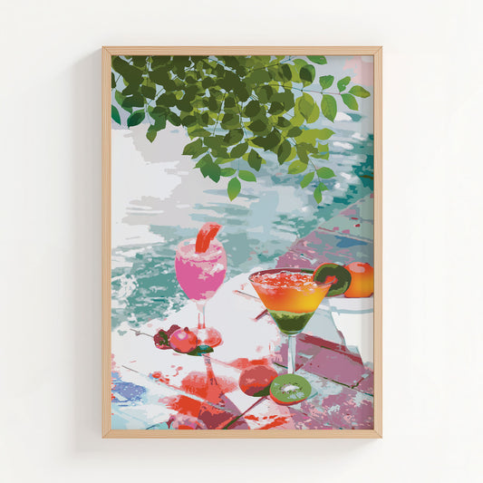 Vibrant tropical cocktail art print featuring colorful drinks with fruit garnishes, set by the water under lush green leaves, ideal for summer decor or beach-inspired kitchens