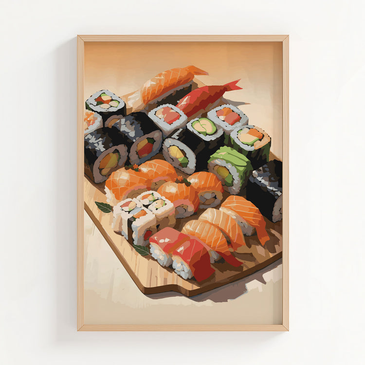 Printable wall art of an assorted sushi platter featuring colorful nigiri and sushi rolls with salmon, tuna, avocado, and vegetables, beautifully arranged on a wooden board, perfect for kitchen, dining area, or Japanese cuisine-themed decor.