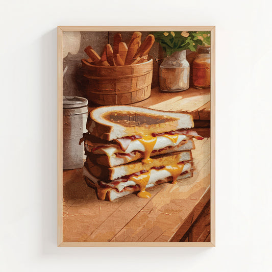 Printable wall art of a stack of grilled cheese sandwiches with melted cheddar oozing out, set on a rustic wooden counter with warm tones and cozy kitchen details, perfect for food lovers and farmhouse-style decor