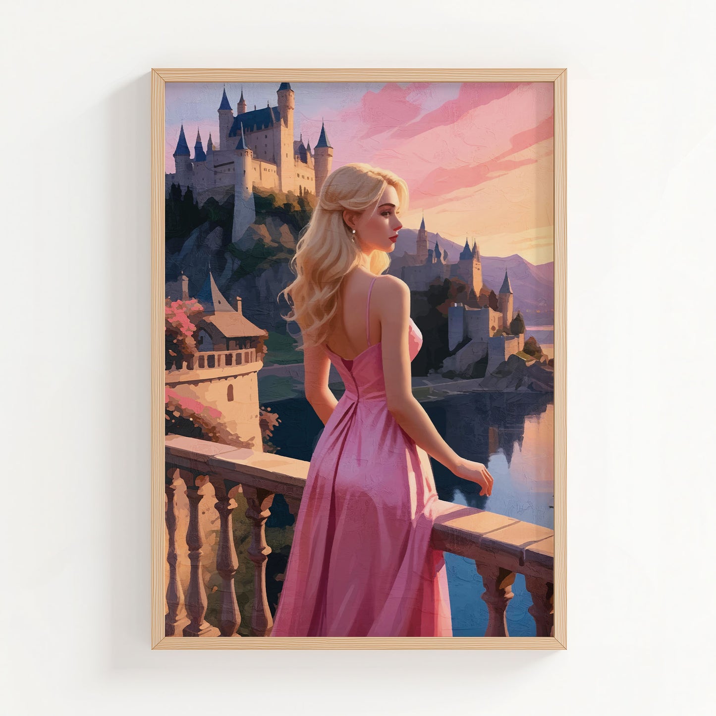 Romantic digital painting of a blonde woman in a flowing pink gown standing on a castle balcony at sunset, fairytale princess wall art print