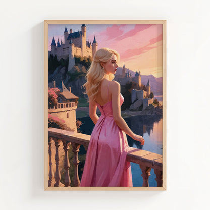 Romantic digital painting of a blonde woman in a flowing pink gown standing on a castle balcony at sunset, fairytale princess wall art print