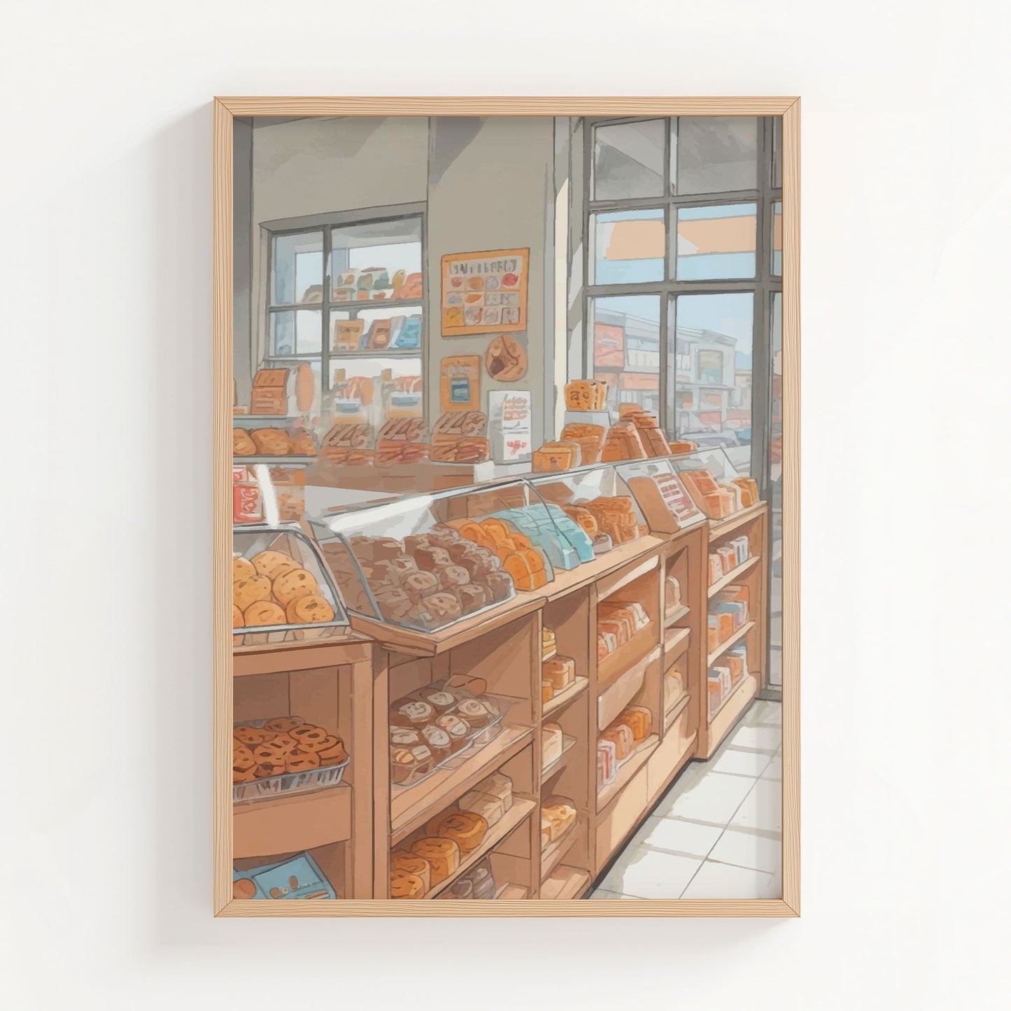 Printable wall art of a cozy bakery interior with shelves and glass cases filled with assorted breads, pastries, and donuts, bathed in soft natural light from large windows, perfect for kitchen, café, or bakery-themed decor.