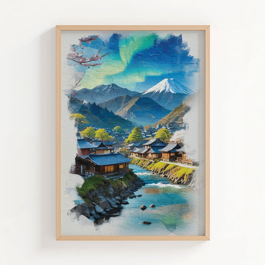 Japanese village landscape with traditional houses, river and Mount Fuji beneath a glowing northern lights sky