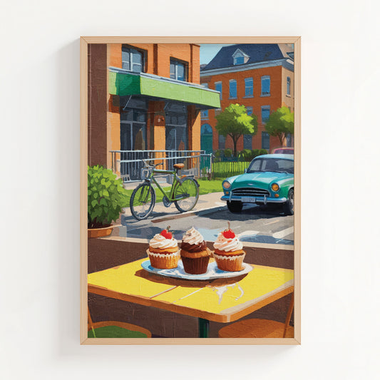 Charming street café scene featuring three cupcakes topped with whipped cream and cherries on a yellow table. In the background, a vintage green car and a bicycle are parked near red-brick buildings with green awnings and lush trees, evoking a warm, nostalgic atmosphere.