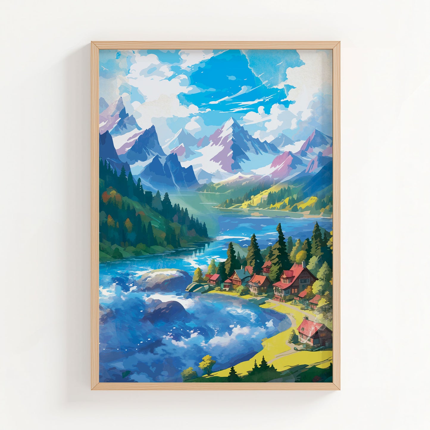 Majestic mountain lake printable wall art featuring a row of cozy red-roofed cabins nestled among pine trees beside a vibrant blue river, with dramatic snow-capped peaks and a bright sky overhead - perfect for alpine, nature retreat, or outdoor adventure-themed decor