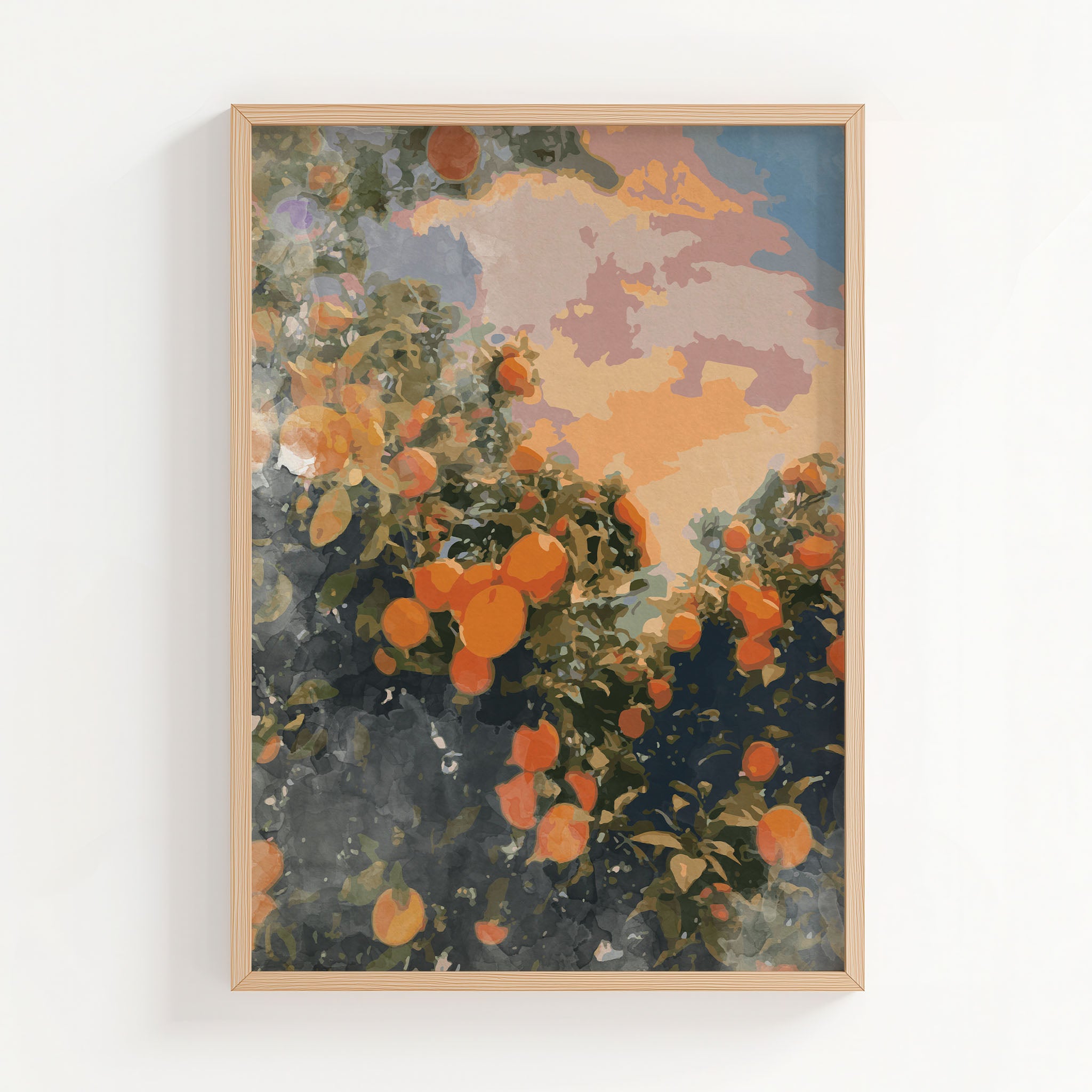 Sunset orchard printable wall art featuring vibrant orange fruit trees under a dreamy pastel sky, perfect for kitchen, dining, or farmhouse-inspired decor