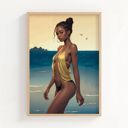 Elegant beach portrait illustration of a confident woman standing by the ocean at sunset, wearing a flowing yellow swimsuit with soft golden light reflecting on the water. Modern feminine wall art with a calm coastal vibe, warm tones, and a sophisticated summer aesthetic. Printable Wall Art. Digital Download.