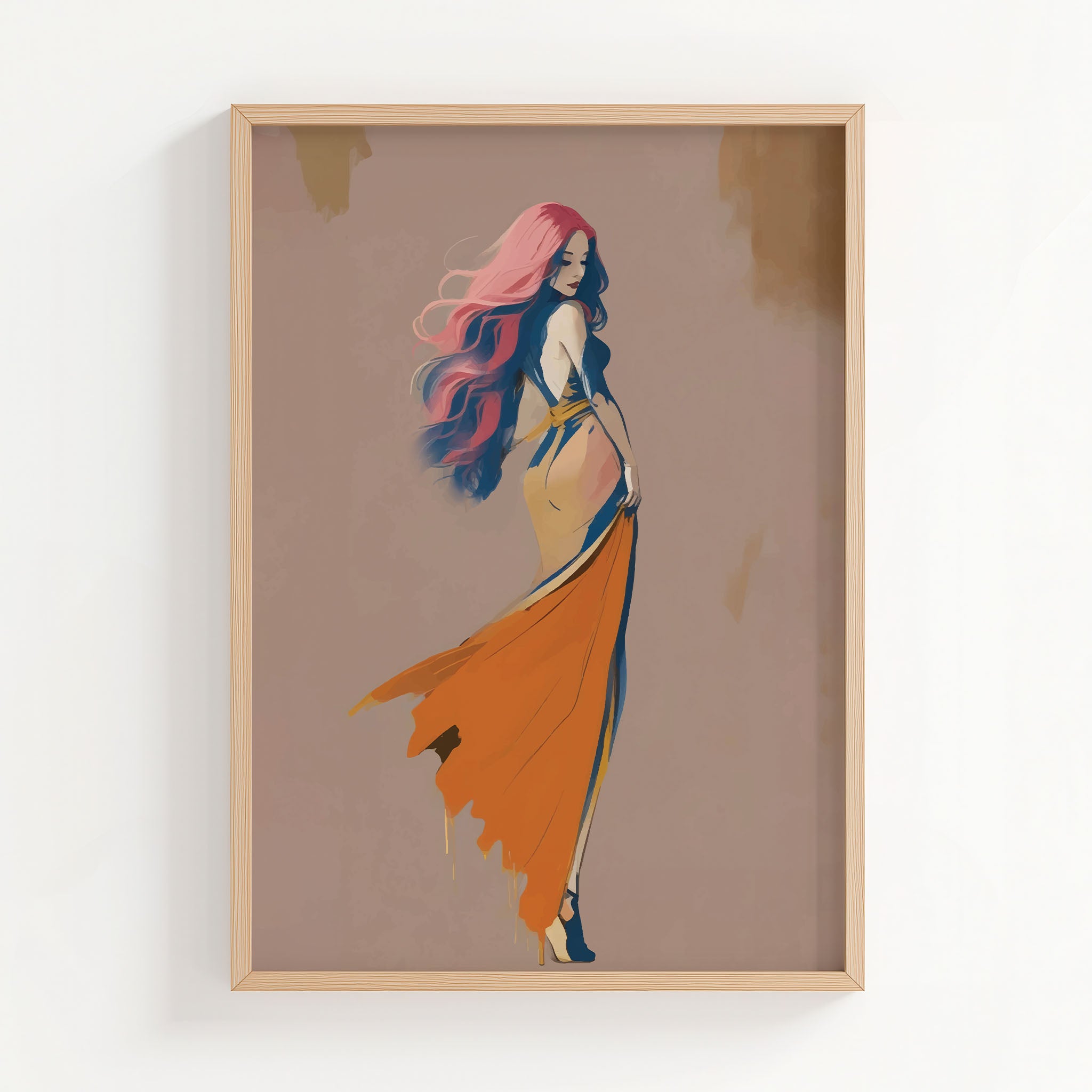 Printable wall art of an elegant woman with flowing pink and purple hair, wearing a backless orange gown with a dramatic train, set against a soft neutral background, perfect for modern and chic home decor.