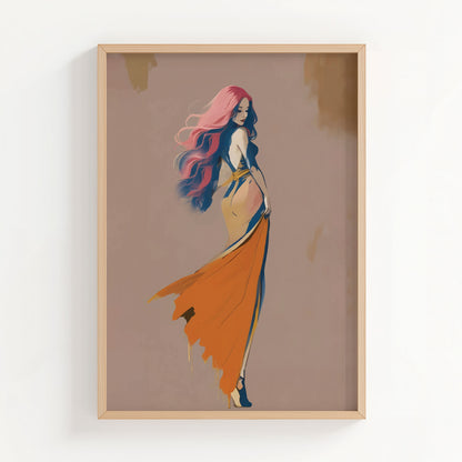 Printable wall art of an elegant woman with flowing pink and purple hair, wearing a backless orange gown with a dramatic train, set against a soft neutral background, perfect for modern and chic home decor.
