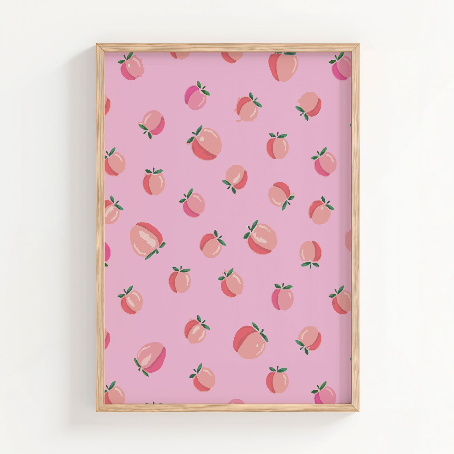 Playful pink wall art featuring a seamless pattern of illustrated peaches with green leaves, perfect for kitchens, nurseries, or fruity-themed decor