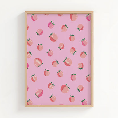 Playful pink wall art featuring a seamless pattern of illustrated peaches with green leaves, perfect for kitchens, nurseries, or fruity-themed decor
