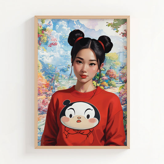 Stylized digital portrait of an Asian girl with double buns and a red cartoon sweatshirt, set against a dreamy, colorful landscape, vibrant printable wall art