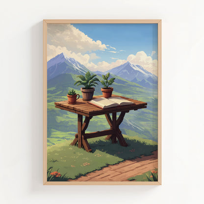 Scenic mountain view printable wall art featuring a rustic wooden table with potted plants and an open book, set against a breathtaking backdrop of lush green valleys and snow-capped peaks under a bright blue sky