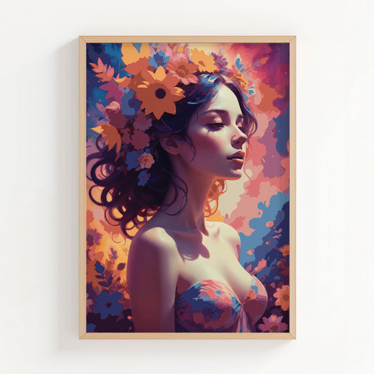 Whimsical digital portrait of a serene woman with flowing hair adorned in vibrant flowers, set against a dreamy, colorful background, enchanting printable wall art for bohemian and artistic interiors.