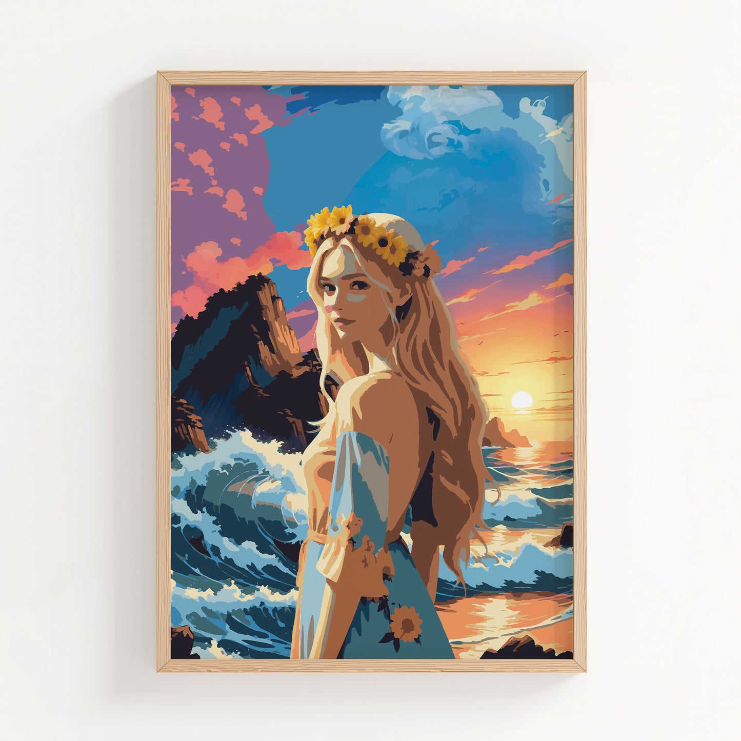 Vibrant printable wall art featuring a blonde woman with sunflowers in her hair standing by the ocean, set against dramatic waves, rocky cliffs, and a glowing sunset sky, perfect for adding a bold, romantic coastal vibe to any space