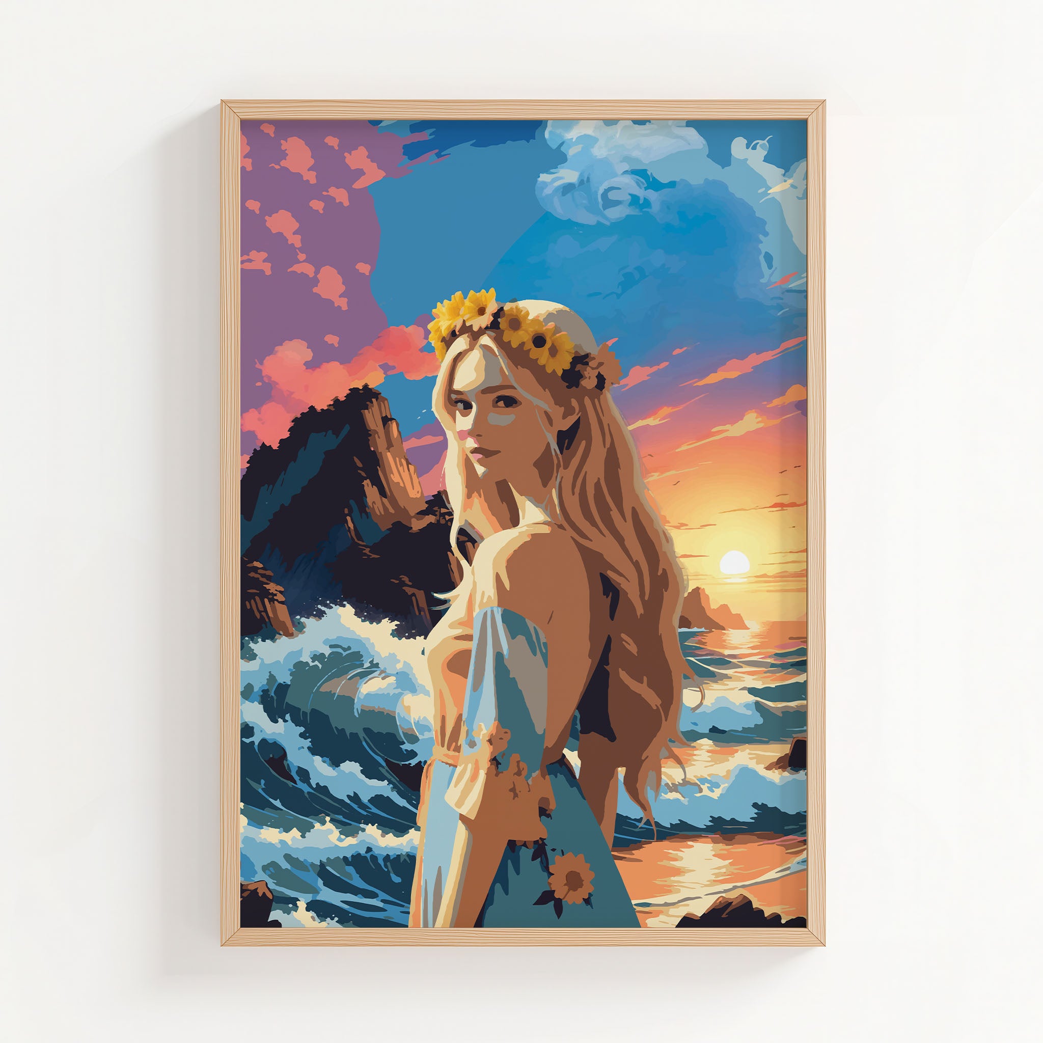 Vibrant printable wall art featuring a blonde woman with sunflowers in her hair standing by the ocean, set against dramatic waves, rocky cliffs, and a glowing sunset sky, perfect for adding a bold, romantic coastal vibe to any space