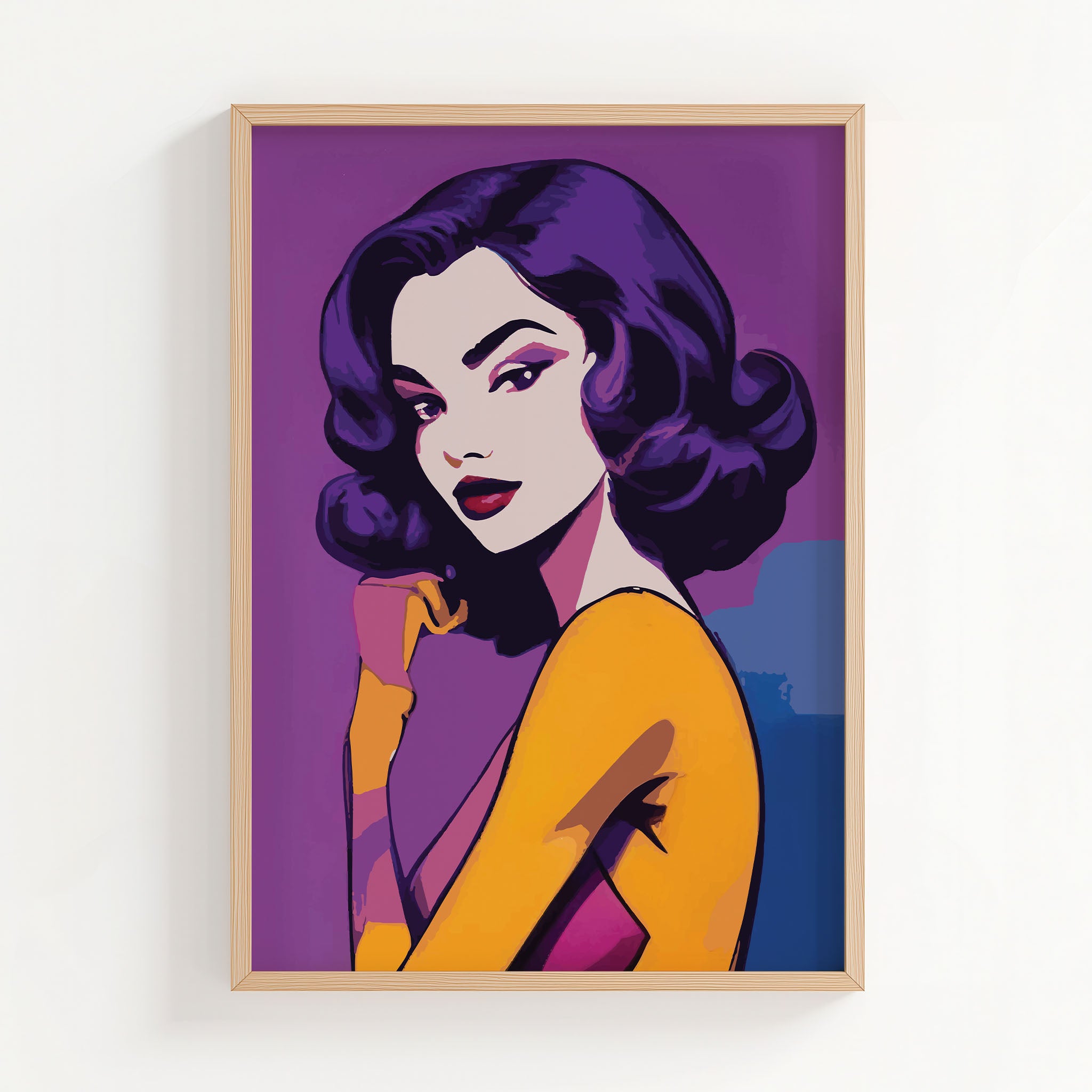 Printable wall art of a stylish woman with vintage Hollywood glamour, featuring bold purple hair, red lips, and a confident pose against a vibrant purple and gold background, perfect for modern, chic home decor