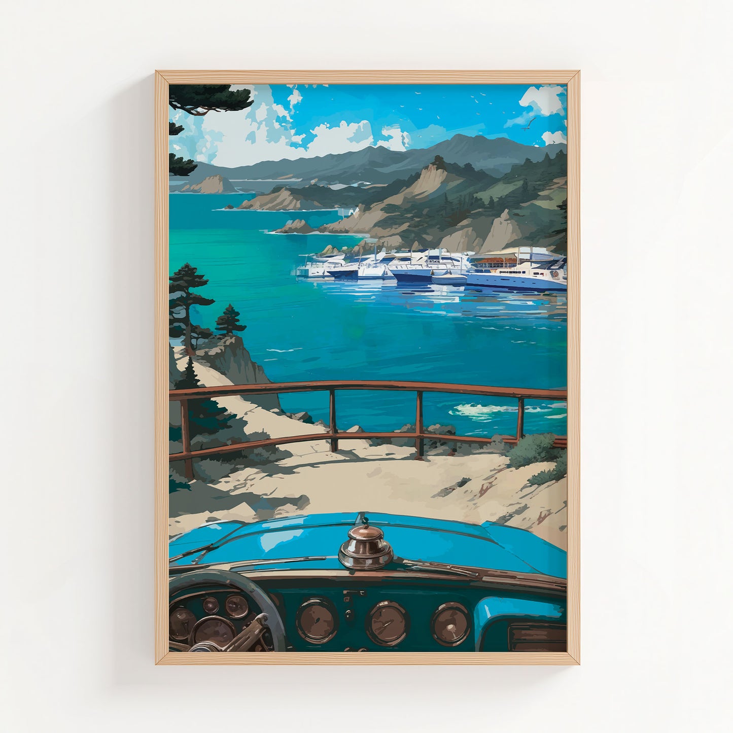 Scenic coastal-themed printable wall art featuring a vintage blue car overlooking a marina filled with yachts, with dramatic cliffs, turquoise waters, and distant mountains under a vivid blue sky, perfect for travel lovers, beach house decor, or retro-inspired interiors