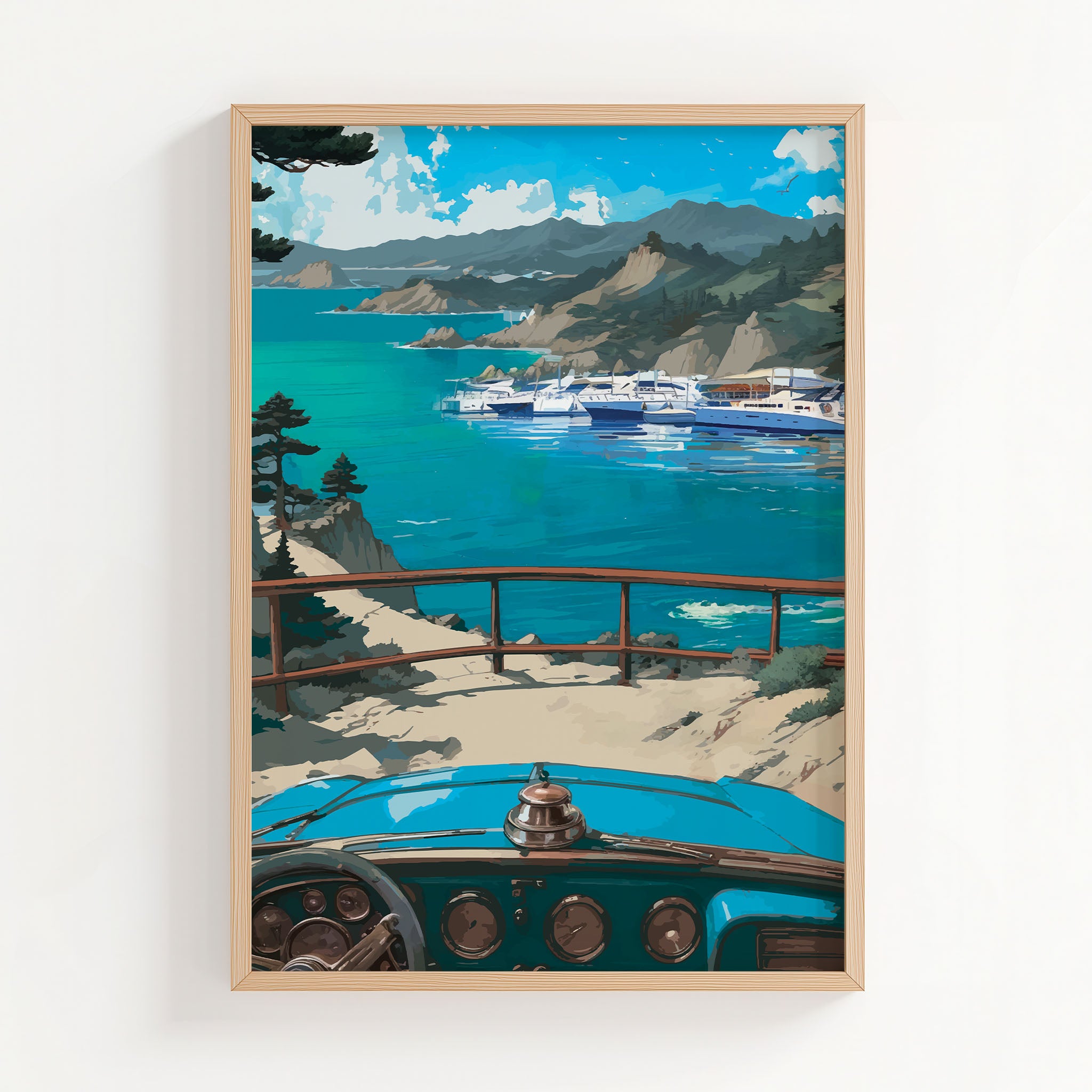 Scenic coastal-themed printable wall art featuring a vintage blue car overlooking a marina filled with yachts, with dramatic cliffs, turquoise waters, and distant mountains under a vivid blue sky, perfect for travel lovers, beach house decor, or retro-inspired interiors