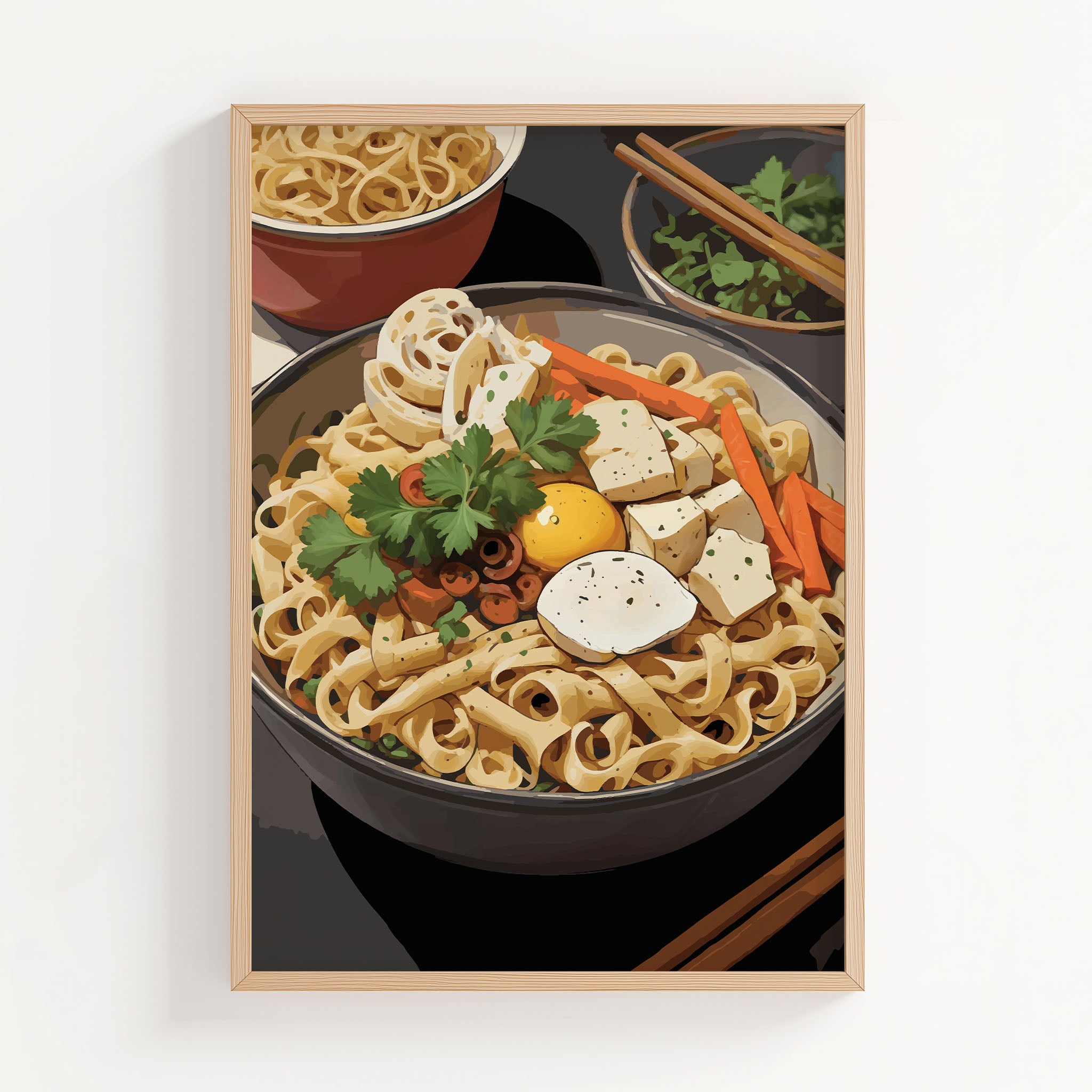Printable wall art of a colorful bowl of noodles topped with tofu, egg yolk, vegetables, lotus root, and fresh herbs, styled with chopsticks and side dishes, perfect for kitchen or dining room decor with a foodie vibe.