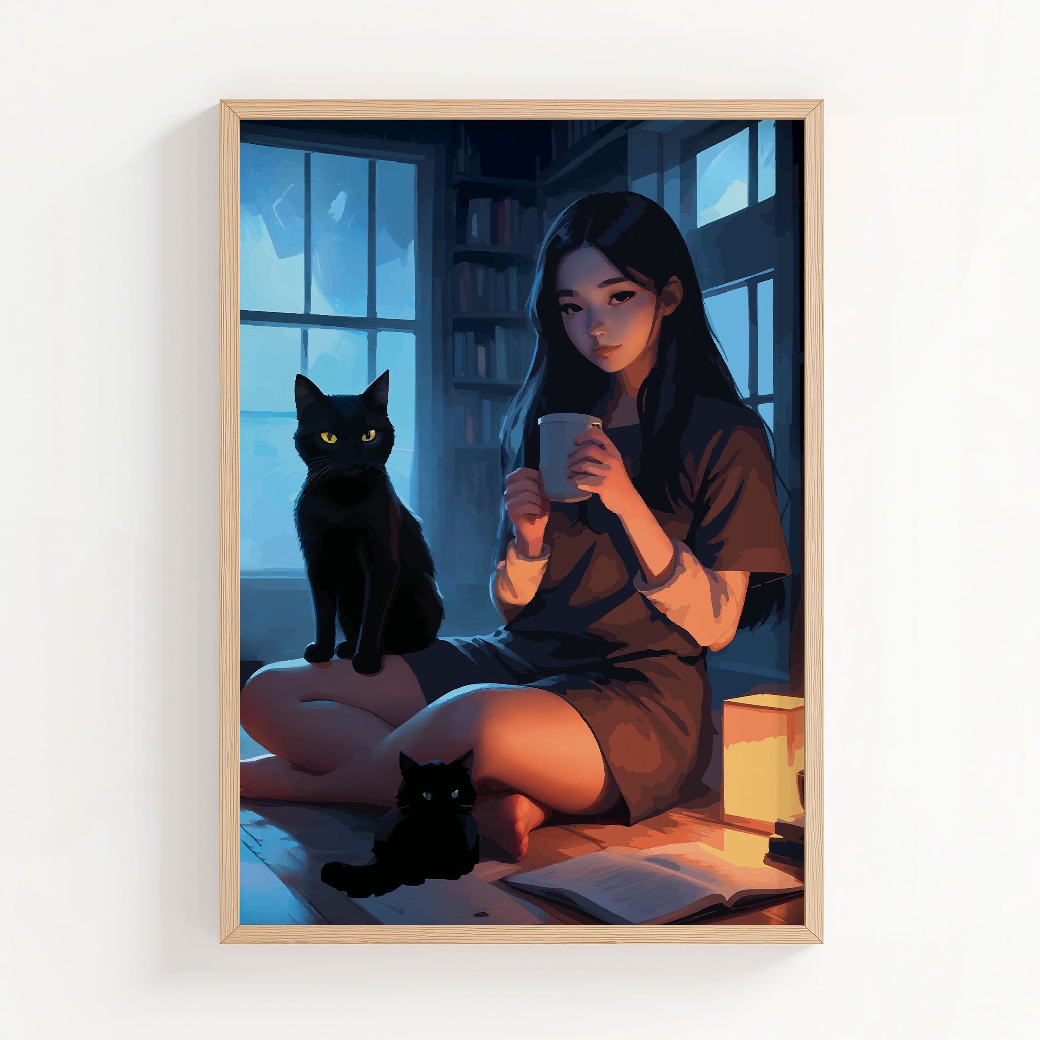 Cozy digital painting of a girl with long dark hair sitting with two black cats and a warm drink in a softly lit room - perfect printable wall art for cat lovers and serene interior spaces