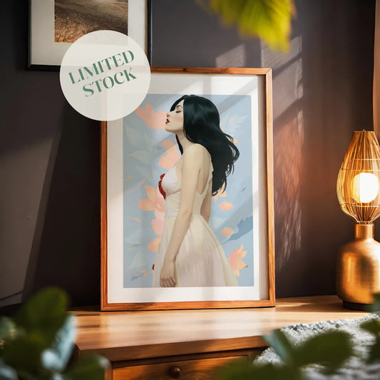 Printable wall art of a graceful woman in a flowing white dress with dark hair, set against a soft pastel floral background, perfect for modern, feminine home decor