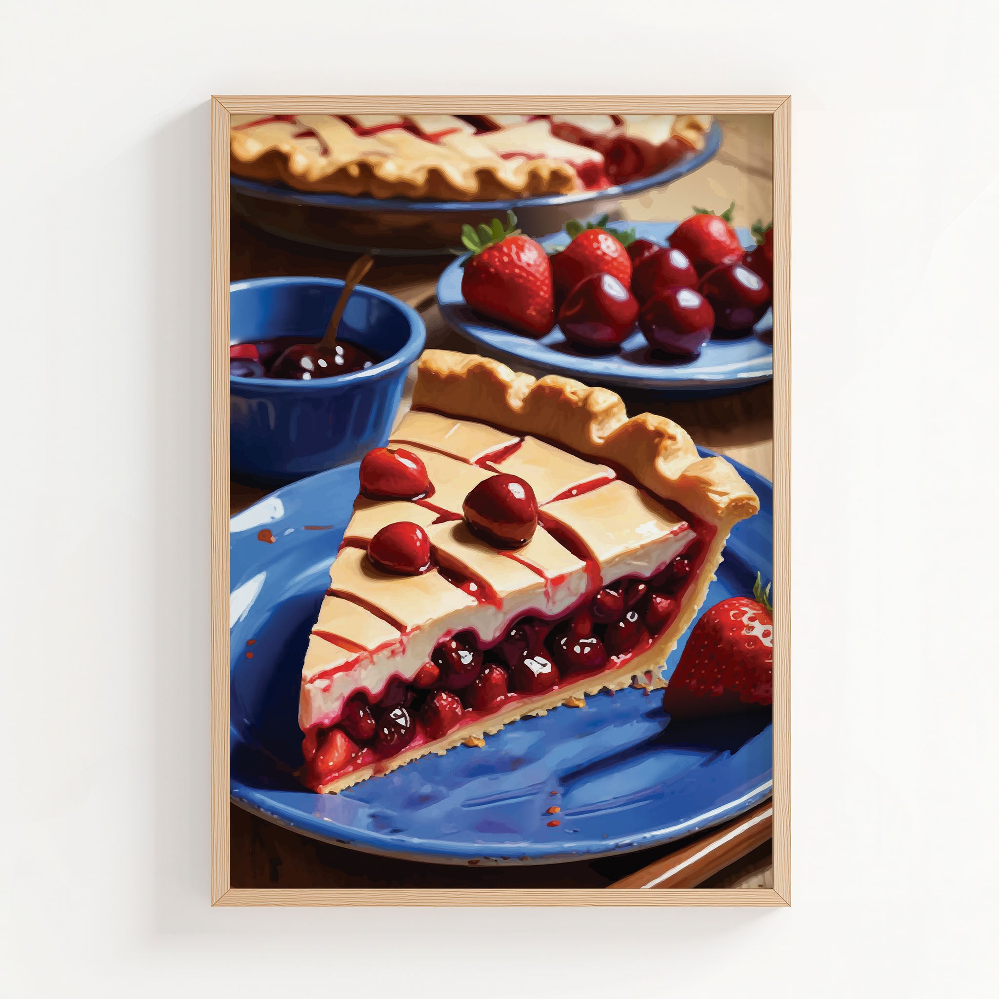 Printable wall art of a vibrant cherry and strawberry pie slice on a blue plate, styled with whole cherries and strawberries, perfect for kitchen or dining room decor