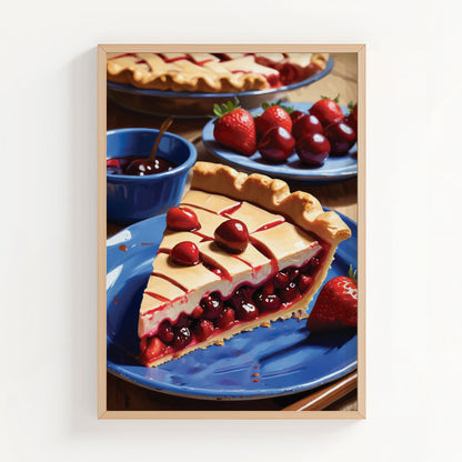Printable wall art of a vibrant cherry and strawberry pie slice on a blue plate, styled with whole cherries and strawberries, perfect for kitchen or dining room decor