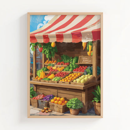 Printable wall art of a vibrant farmers market fruit and vegetable stand under a red and white striped canopy, filled with fresh produce like tomatoes, bananas, greens, oranges, and peppers, perfect for kitchen, market-style, or rustic home decor