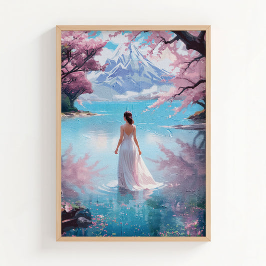 Dreamy landscape printable wall art of a woman in a flowing white gown standing in a serene lake, surrounded by cherry blossoms with a majestic snow-capped mountain in the background, ideal for tranquil, romantic, and nature-inspired interiors