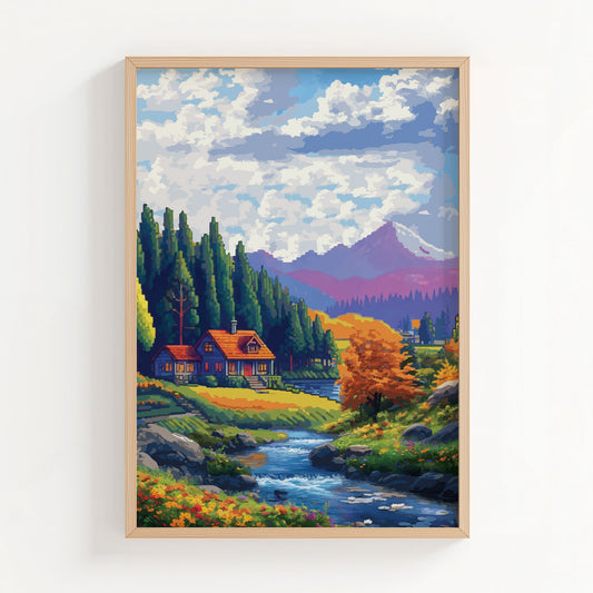 Cozy cabin-themed printable wall art featuring a charming wooden house by a flowing stream, surrounded by tall pine trees, autumn foliage, and distant purple mountains under a vibrant sky, perfect for rustic, nature-inspired, or fall season home decor