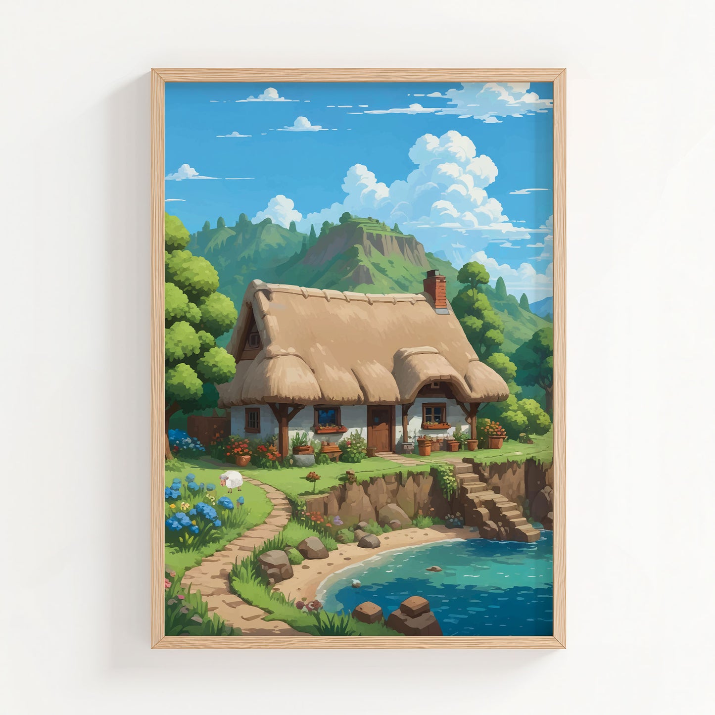 Charming printable wall art featuring a cozy thatched-roof cottage by a clear blue pond, surrounded by blooming flowers, lush greenery, and distant mountain views under a bright sky - perfect for cottagecore, fairytale, or nature-inspired home decor