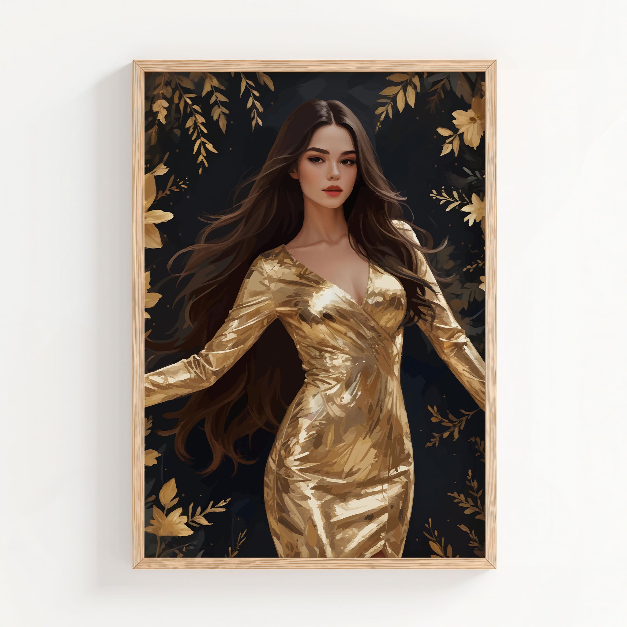 Elegant digital wall art of a woman in a shimmering gold dress surrounded by golden flowers and leaves on a dark background
