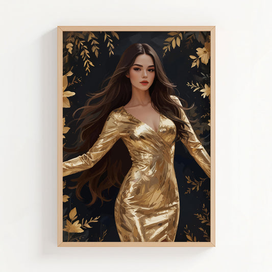 Elegant digital wall art of a woman in a shimmering gold dress surrounded by golden flowers and leaves on a dark background