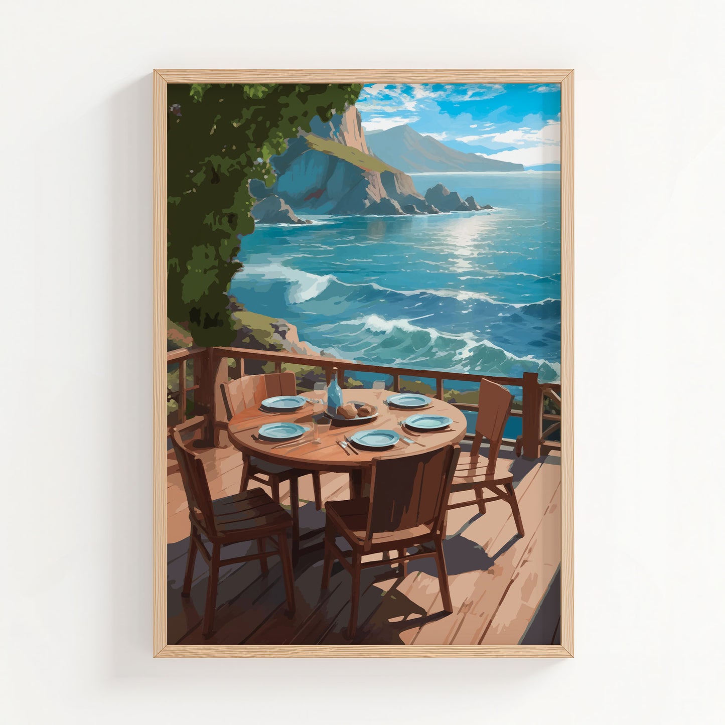 Scenic coastal printable wall art depicting a round wooden dining table set for five on a sunlit deck overlooking turquoise ocean waves and rocky cliffs under a bright blue sky, perfect for beach house, oceanview, or outdoor dining-inspired decor.