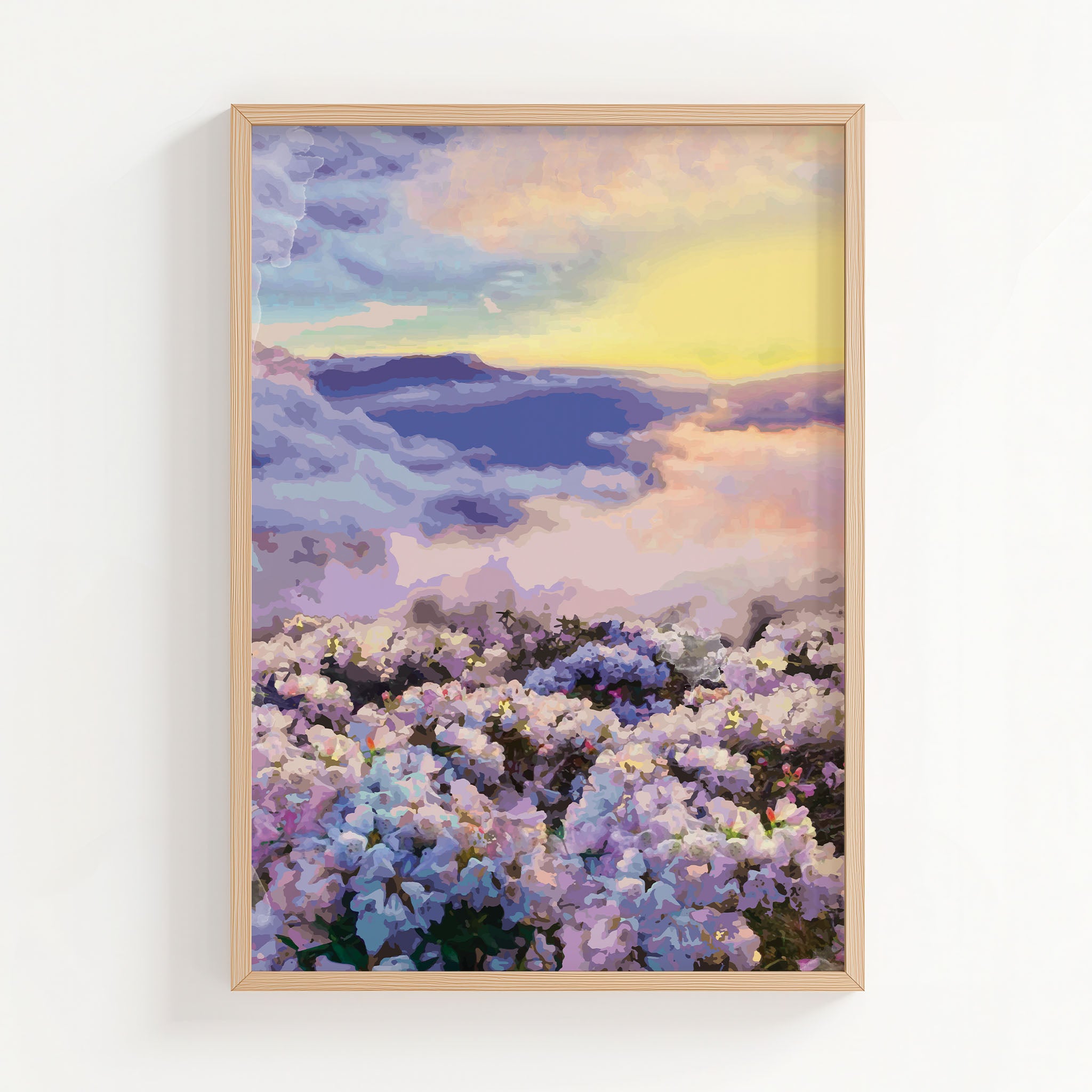 Dreamy floral landscape printable wall art featuring a field of pastel blossoms beneath a radiant sky at sunset, perfect for romantic, tranquil, or nature-inspired interior decor.