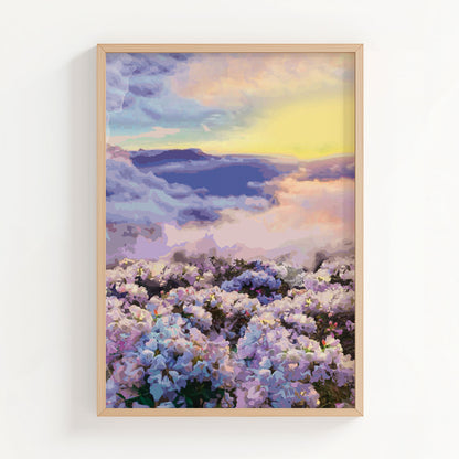 Dreamy floral landscape printable wall art featuring a field of pastel blossoms beneath a radiant sky at sunset, perfect for romantic, tranquil, or nature-inspired interior decor.