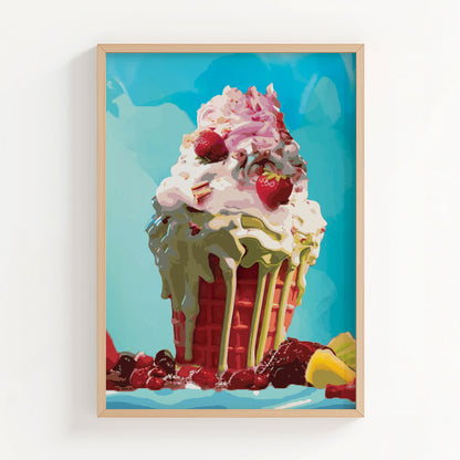 Vibrant printable wall art of a whimsical dessert featuring a red waffle cone overflowing with whipped cream, strawberries, green syrup, and assorted fruits against a bright aqua blue background, perfect for sweet-themed kitchen or cafe decor