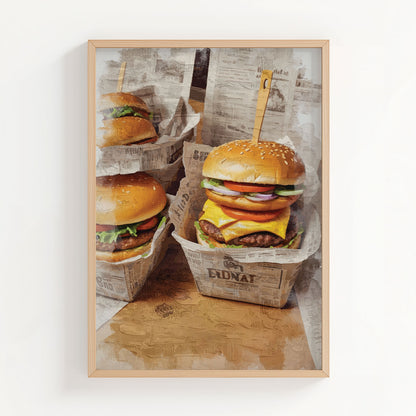 Vintage style burger illustration with sesame buns and toppings, kitchen printable wall decor digital download