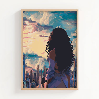 Modern cityscape printable wall art featuring a confident woman with long curly hair gazing at a vibrant sunset skyline - perfect for urban, empowering, and contemporary decor themes