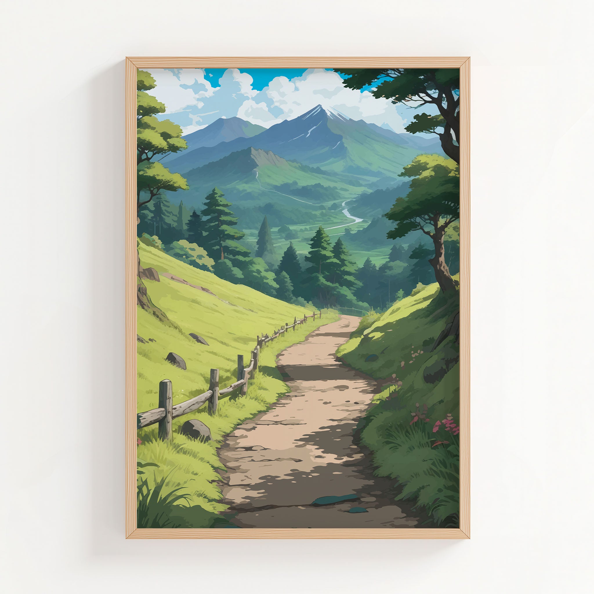 Peaceful nature landscape featuring a winding dirt path through bright green hills, lined with a rustic wooden fence. Tall trees frame the scene, leading the eye toward distant blue mountains, rolling forests, and a river glistening under a sky filled with fluffy white clouds.