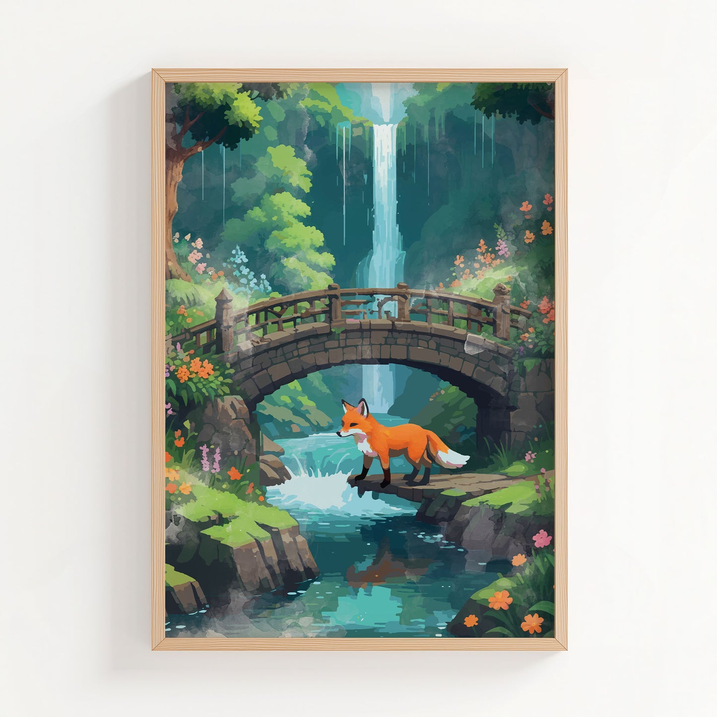 Whimsical printable wall art featuring a red fox crossing a stream beneath a stone bridge, surrounded by lush forest, colorful flowers, and a tall cascading waterfall - ideal for nature lovers, woodland nursery decor, or fantasy-themed interiors