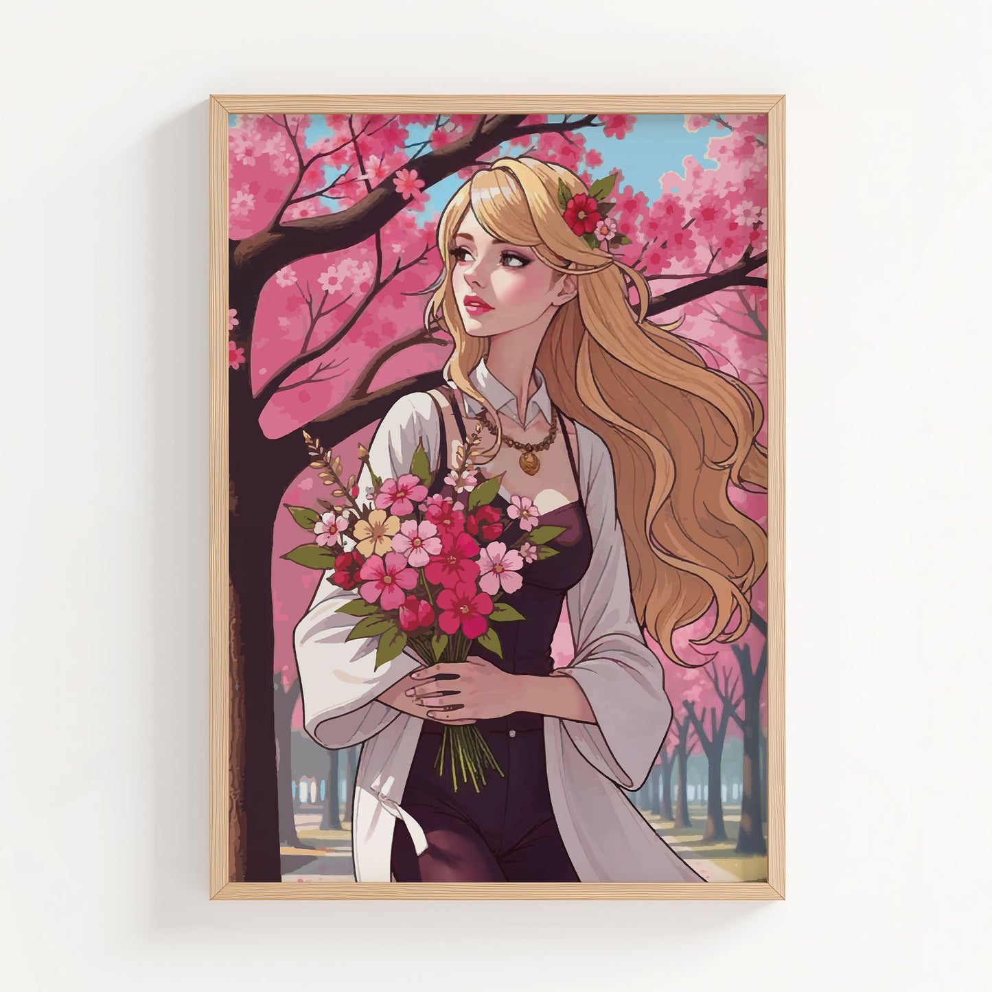 Printable wall art of a graceful woman with long blonde hair holding a bouquet of vibrant pink flowers, standing under blooming cherry blossom trees on a sunny day, perfect for romantic and nature-inspired home decor