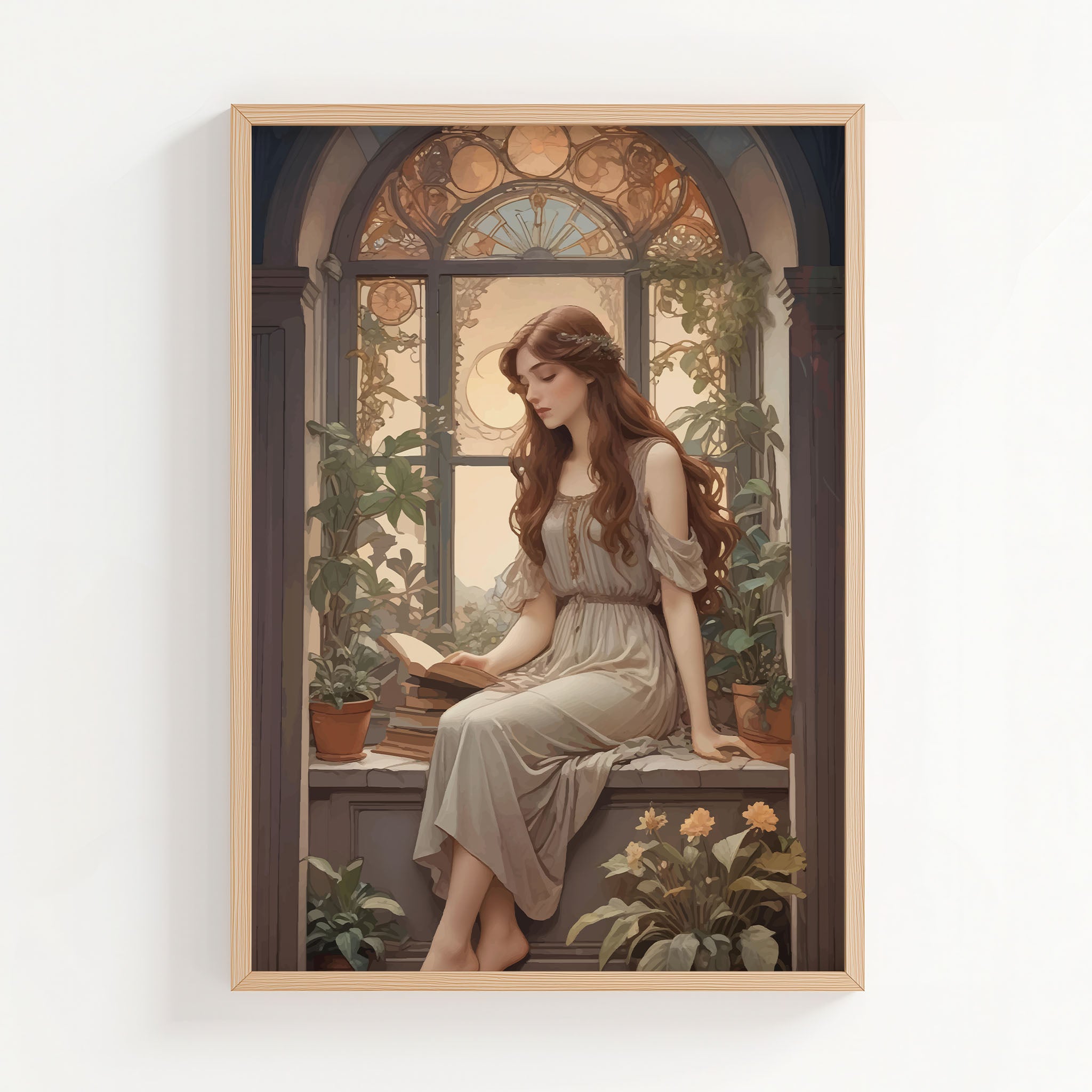 Romantic digital wall art of a young woman in a flowing dress reading a book by a vintage arched window, surrounded by lush potted plants and soft golden light